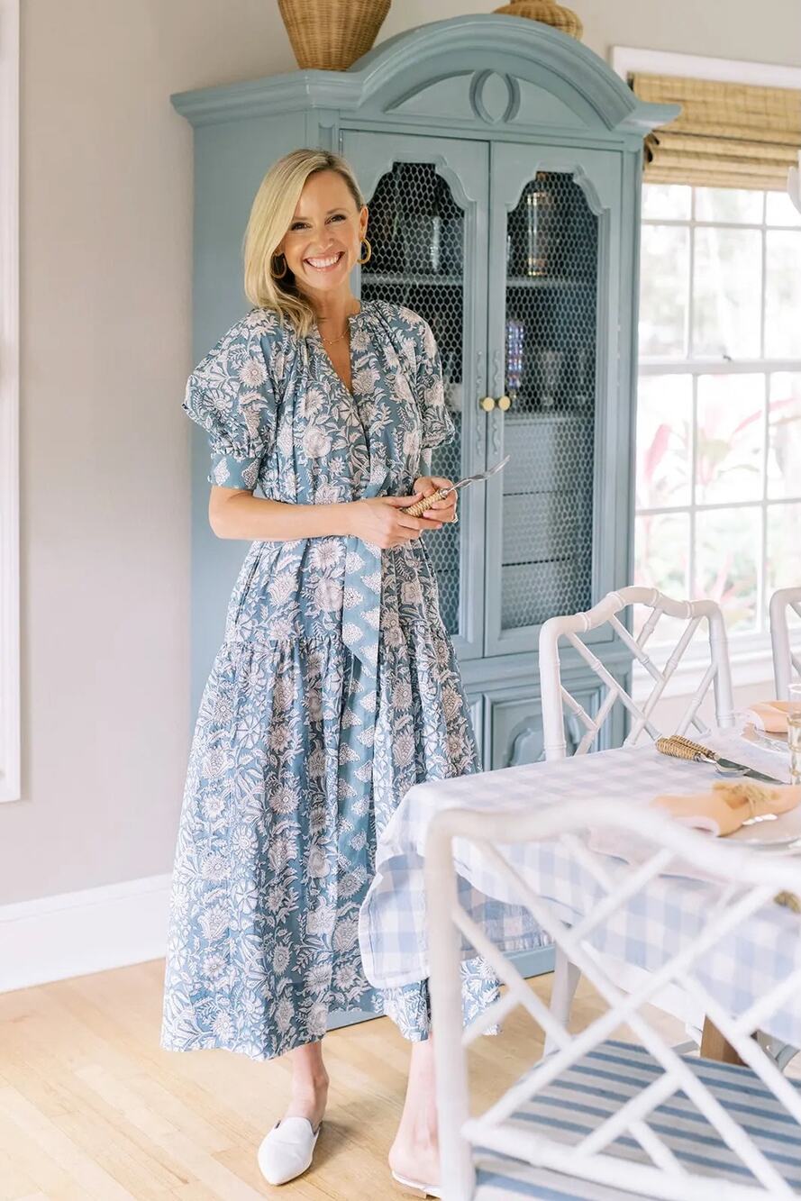 Marea Blue Floral Puff Sleeve Belted Tiered Maxi Dress